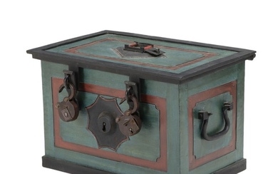 A 19th century painted iron money chest, the inside of the lid decorated with tallship. H. 43. W. 69. D. 45 cm.