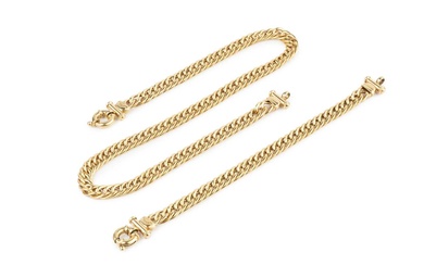 A 9ct gold hollow curb link necklace and bracelet, with...
