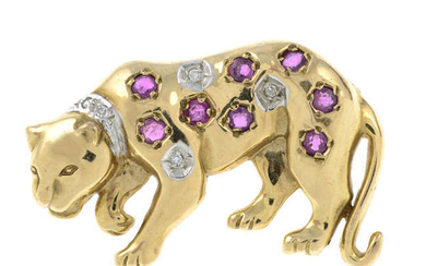 A 9ct gold ruby and diamond leopard brooch.