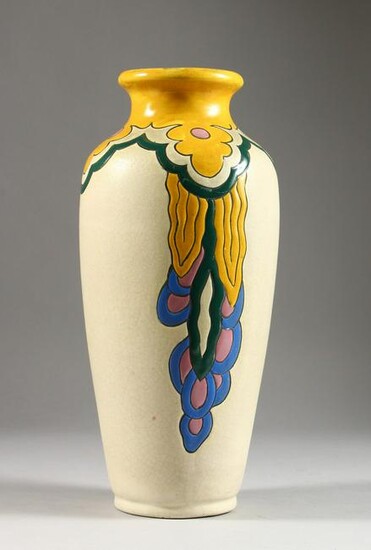 A BELGIUM POTTERY VASE, with incised and painted