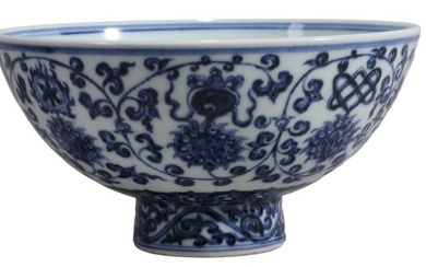 A BLUE AND WHITE LOTUS EIGHT TREASURES STEM BOWL