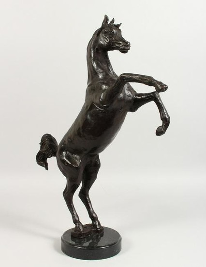 A CAST BRONZE MODEL OF A REARING HORSE, on a circular