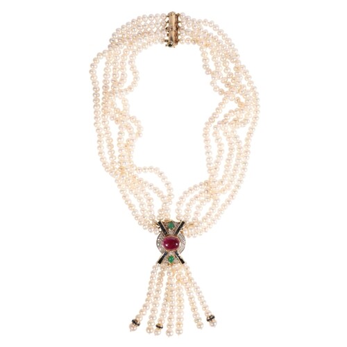 A CULTURED PEARL AND GEMSET PENDANT NECKLACE five strands of...