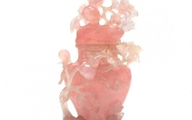 A Chinese Light Pink Quartz Carved Jar with Cover