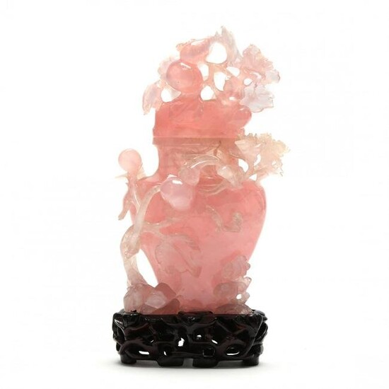 A Chinese Light Pink Quartz Carved Jar with Cover