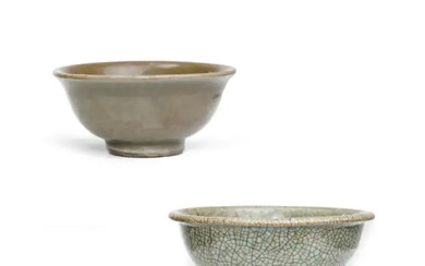 A Chinese Longquan celadon-glazed bowl and a crackled green glazed bowl Yuan/Ming...