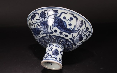 A Chinese Tall-end Blue and White Porcelain Aqua-sceen Cup