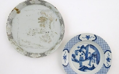 A Chinese blue and white plate decorated with two