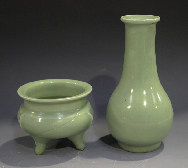 A Chinese celadon glazed vase of low-bellied form with tapered neck, height 19.4cm, together with a
