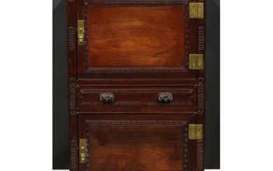 A Chinese hardwood side cabinet, moulded rectangular top abo...