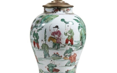 A Chinese rose-verte enameled porcelain "Boys" jar