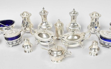 A Collection of Assorted Silver Condiment-Items, comprising a condiment-set with...