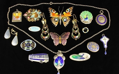 A Collection of Enamelled Vintage Jewellery; eight on silver including a butterfly brooch, an Art No