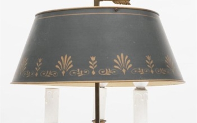 A FRENCH BRASS TOILE LAMP WITH THREE BRANCHES, 54CM H