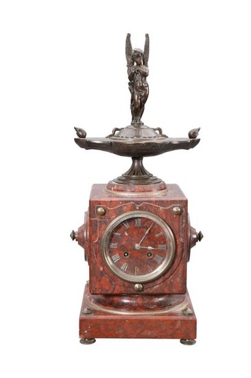 A FRENCH BRONZE AND ROUGE MARBLE MANTEL CLOCK, 19T…