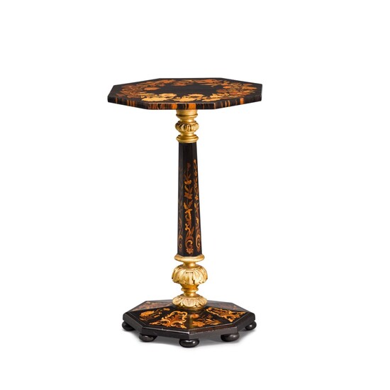 A FRENCH PARCEL-GILT, EBONY AND FLORAL MARQUETRY OCTAGONAL OCCASIONAL TABLE, IN THE LOUIS XIV MANNER, SECOND HALF OF 19TH CENTURY