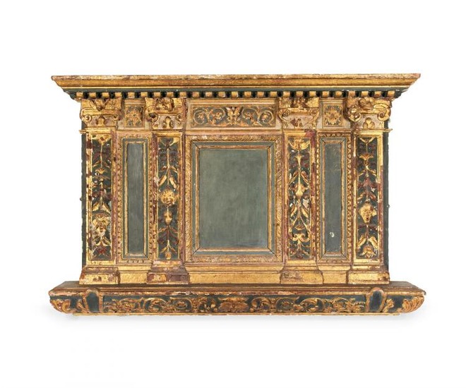 A Florentine carved, green painted and parcel-gilt overmantel, 16th century and later