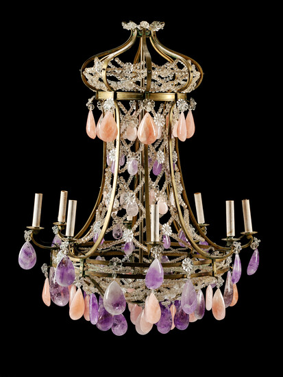 A French Bronze, Cut Glass, Rose Quartz and Amethyst Eight-Light Chandelier