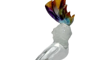 A French DAUM Pate De Verre Frosted & Clear Art Glass Crystal Cockatoo Bird Figurine