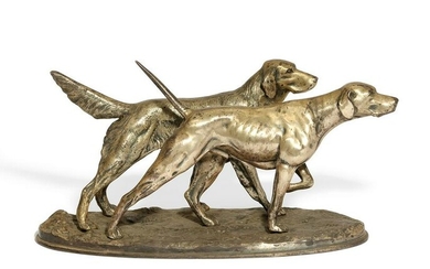 A French silvered metal group of two hunting dogs