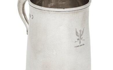 A George III silver half pint mug, London, 1786, probably Hester Bateman (mark partially rubbed), of tapering cylindrical form with scroll handle and acanthus thumbpiece, the mug raised on a reeded foot and the body engraved with crest, 10.5cm...