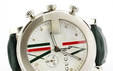 A Gucci G-Chrono (no. 10539231) stainless steel wistwatch with a leather strap and diamond set face.