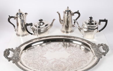 A LARGE SILVER PLATED TRAY WITH TWO TEAPOTS, HOT WATER JUG, COFFEE POT (5).