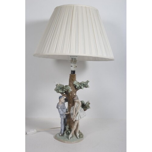 A LLADRO FIGURAL TABLE LAMP the rustic columns with birds am...