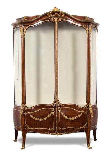 A Louis XV Style Gilt Bronze Mounted Parquetry Vitrine Cabinet