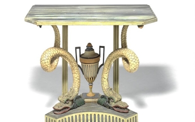 A Louis XVI painted console table front legs in the shape of dragons centred by urn, the top of faux marble. C. 1780. H. 84 cm. W. 94 cm. D. 57 cm.