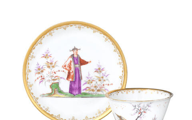 A Meissen Hausmaler teabowl and saucer, the porcelain circa 1720, the decoration later