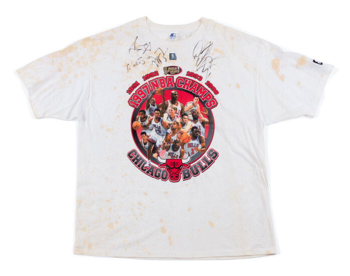 A Michael Jordan and Chicago Bulls Team Signed 1997 NBA Champions Locker Room Shirt (Beckett LOA)