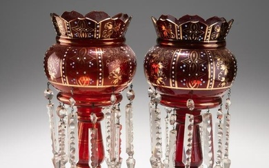 A NEAR PAIR OF 19TH CENTURY RUBY GLASS LUSTRES