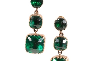 A PAIR OF 19TH CENTURY PASTE EARRINGS three graduated green ...