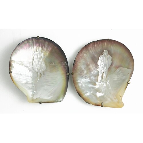 A PAIR OF 19TH CENTURY RUSSIAN MOTHER OF PEARL SHELL CARVING...