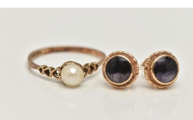 A PAIR OF 9CT GOLD EARRINGS AND A 9CT GOLD RING, a pair of B...