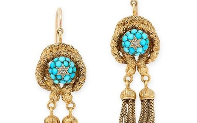 A PAIR OF ANTIQUE TURQUOISE AND DIAMOND SNAKE EARRINGS