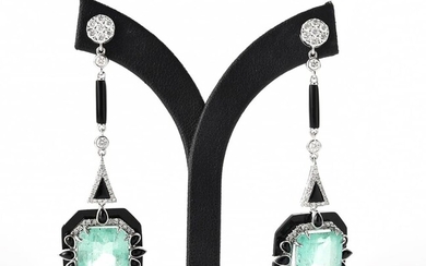 A PAIR OF ART DECO STYLE DROP EARRINGS SET WITH EMERALD, ONYX AND DIAMOND, THE EMERALDS TOTALLING 19.34CTS AND DIAMONDS TOTALLING 1....