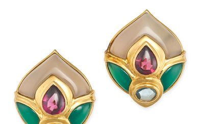 A PAIR OF CHRYSOPRASE, CHALCEDONY, GARNET AND TOPA ...