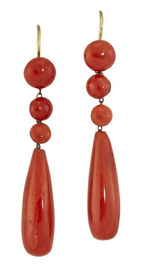 A PAIR OF CORAL DROP EARRINGS, each graduated line of