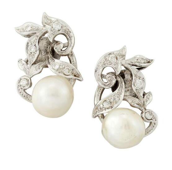 A PAIR OF CULTURED PEARL AND DIAMOND CLIP EARRINGS, the