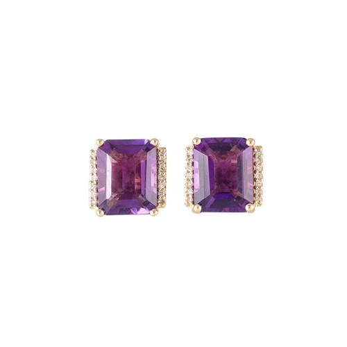 A PAIR OF DIAMOND AND AMETHYST CLUSTER EARRINGS, mounted in ...