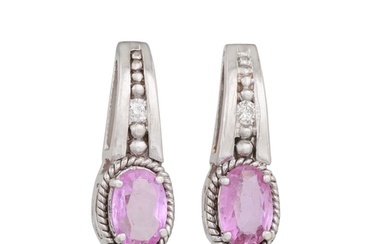 A PAIR OF DIAMOND AND PINK SAPPHIRE EARRINGS, the oval sapph...