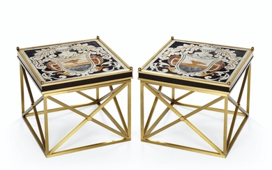 A PAIR OF ITALIAN INLAID MARBLE PANELS MOUNTED AS LOW TABLES, THE PANELS 19TH CENTURY