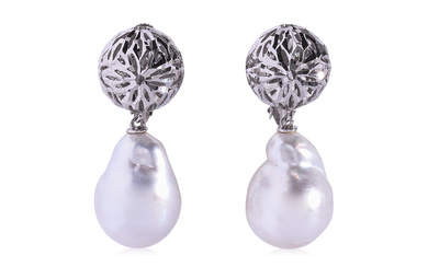 A PAIR OF LATTICE BALL AND CULTURED BAROQUE PEARL EARRINGS