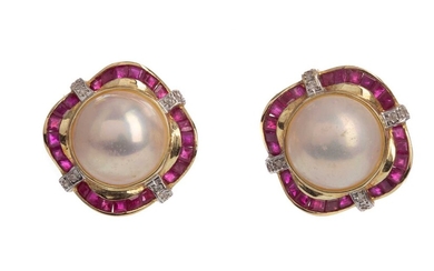 A PAIR OF MABE PEARL, RUBY AND DIAMOND EARRINGS