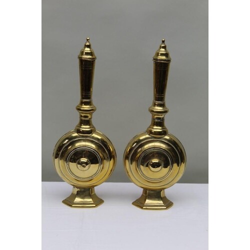 A PAIR OF MIDDLE EASTERN BRASS DECORATIVE VASES with cap top...