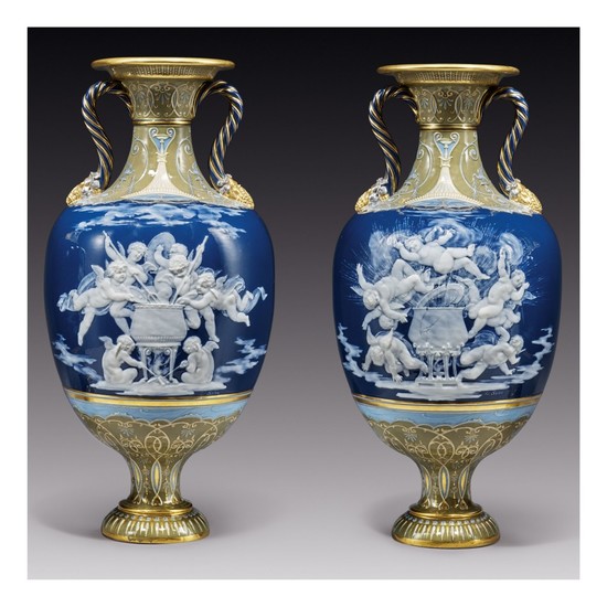 A PAIR OF MINTONS PÂTE-SUR-PÂTE PEACOCK-BLUE-GROUND VASES, 'BREWING MISCHIEF' AND 'EXPLOSION' CIRCA 1883