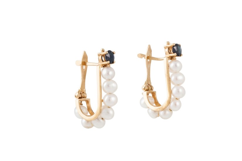 A PAIR OF SAPPHIRE AND PEARL EARRINGS, of elongated hoop des...