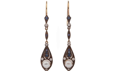 A PAIR OF SAPPHIRE, PEARL AND DIAMOND EARRINGS